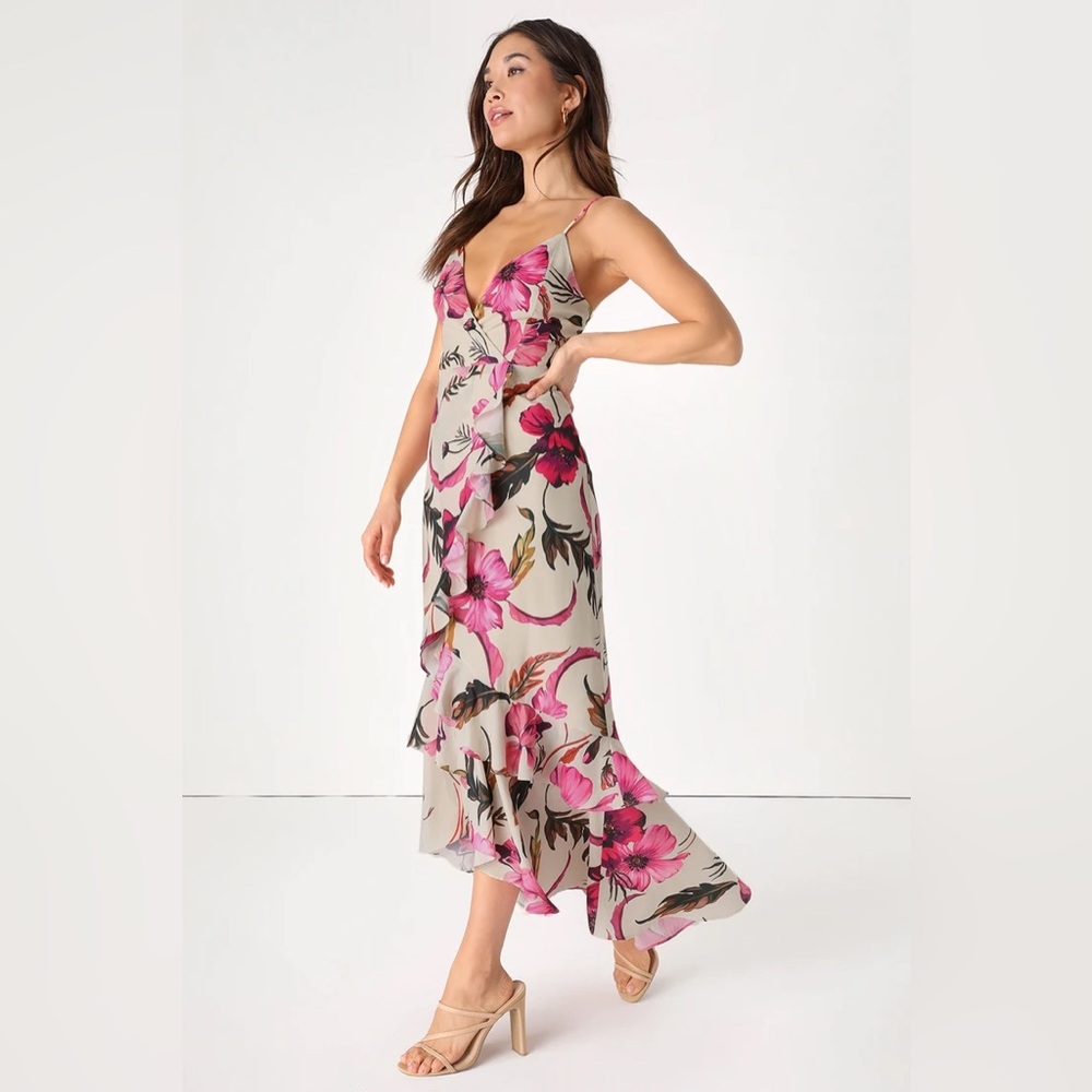 LuLus NWT Lovely Ways Light Beige Floral Print Ruffled Tulip Midi Dress
